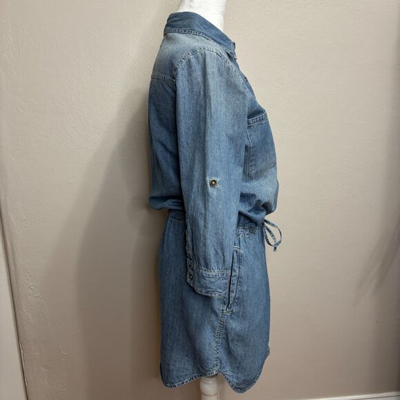 Denim Mini Shirt Dress Womens L Drawstring Waist Western Coastal Cowgirl Pockets - Picture 3 of 8